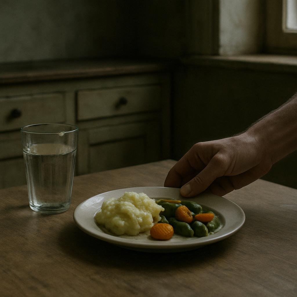 A hand places a plate of food on a bare kitchen table.