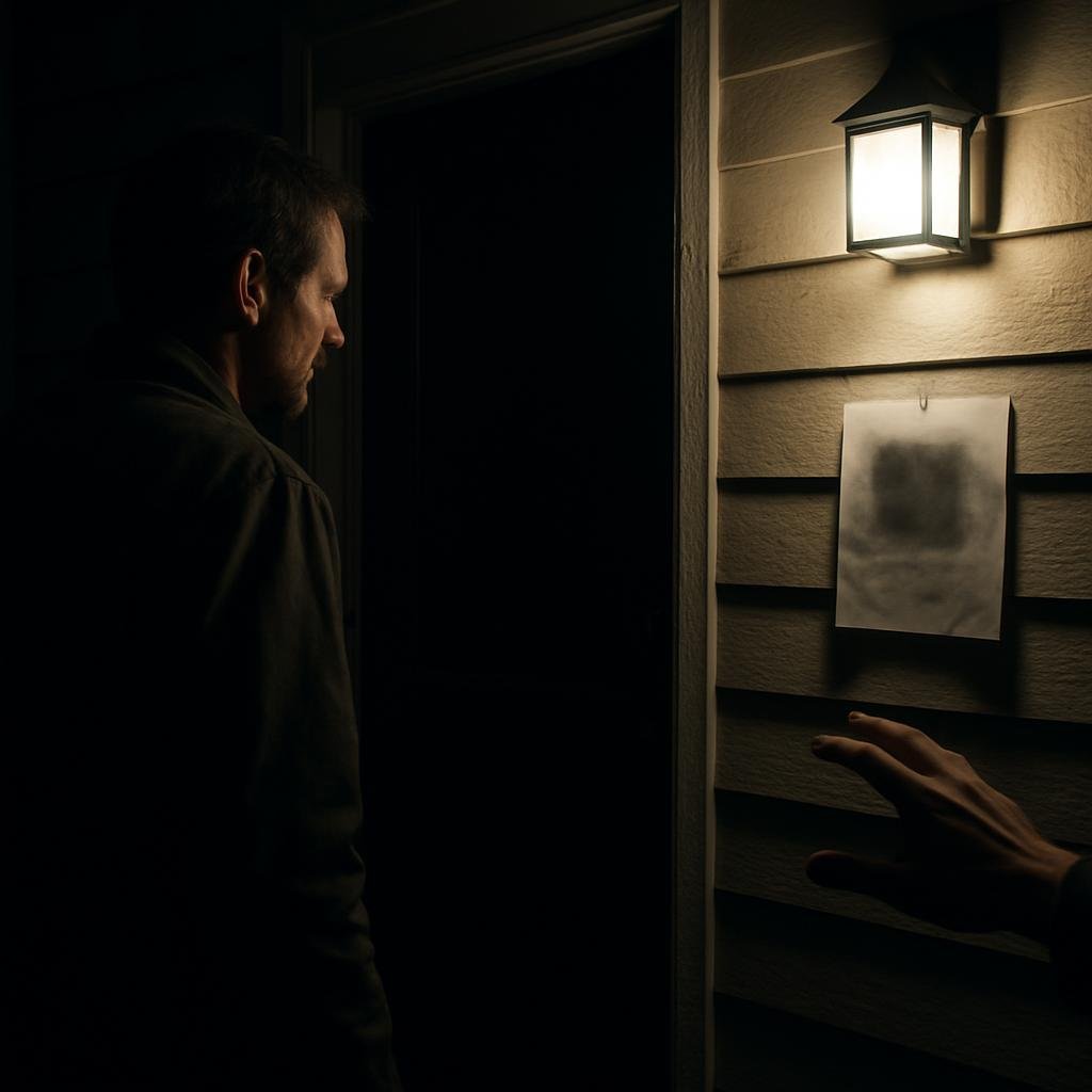 An adult stands by a dark doorway at night, with a folded notice on the wall.