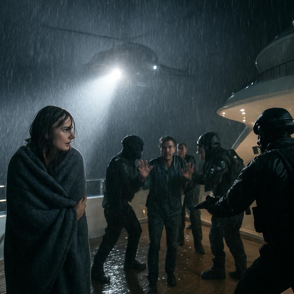 A woman stands on a rain-soaked yacht deck as officers move in during a rescue.