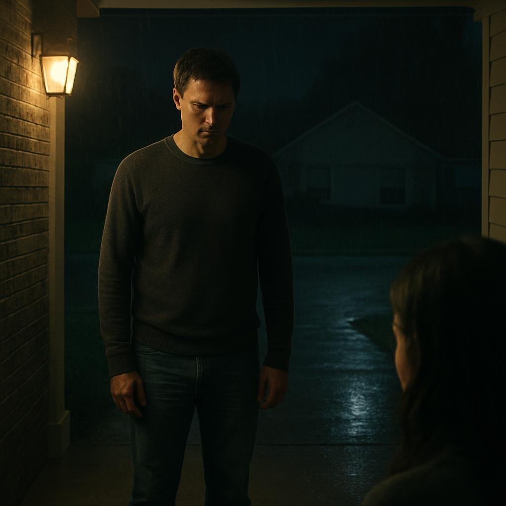 A man stands on a porch looking down at the rain-soaked driveway at night.
