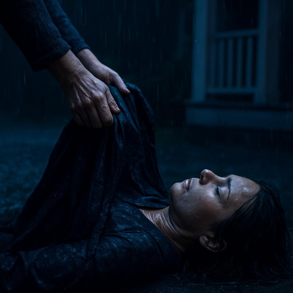 Hands place a coat over a woman lying on wet pavement in the rain.