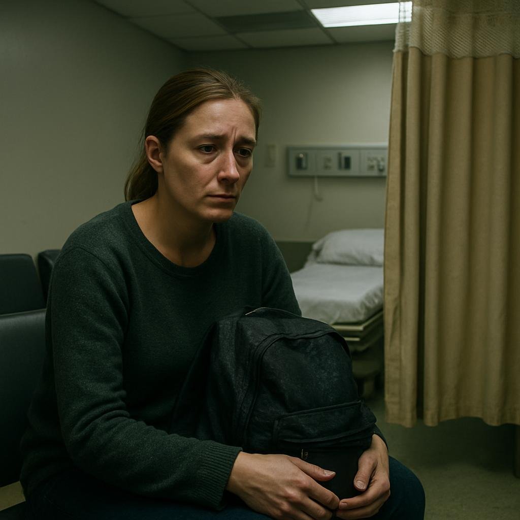 A woman sits in a dim medical waiting area holding a wet backpack.