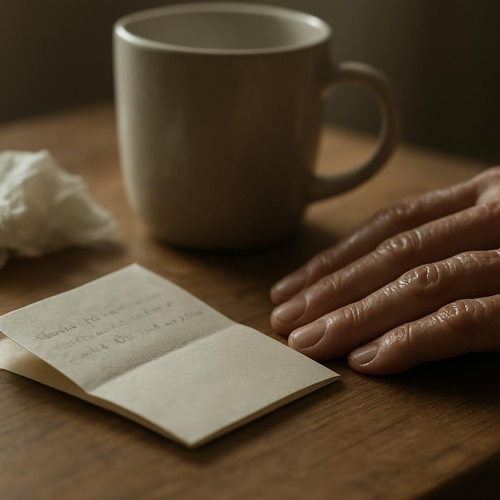 A folded note lies on a table beside damp hands and a mug.