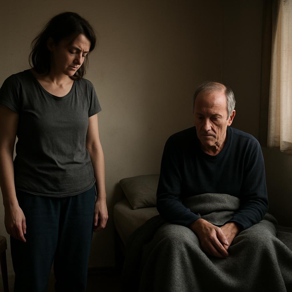 A woman stands beside an older man in a small bare room with a narrow bed and mismatched chairs.