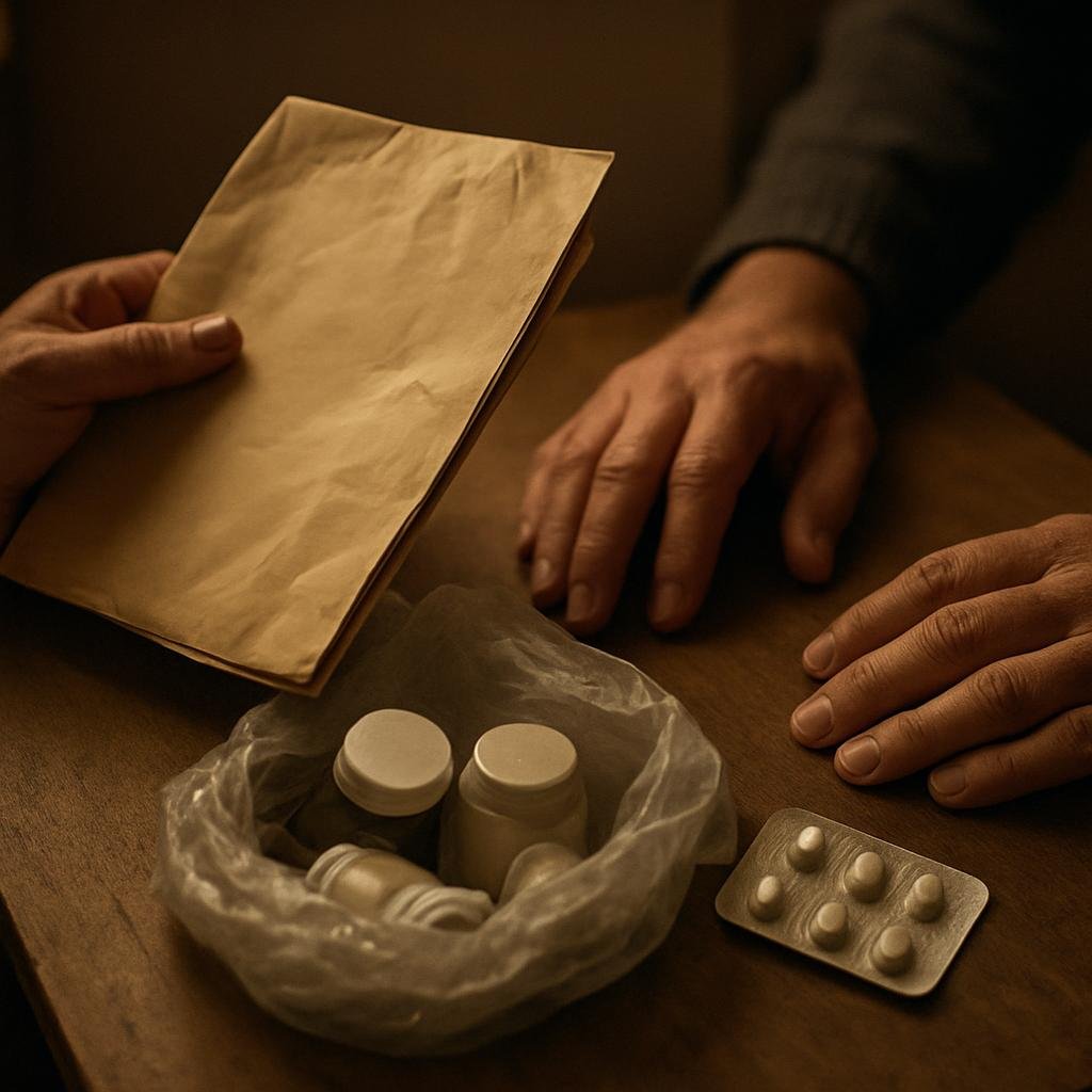 Hands on a table beside medical papers, medicine packs, and a bag of empty bottles.