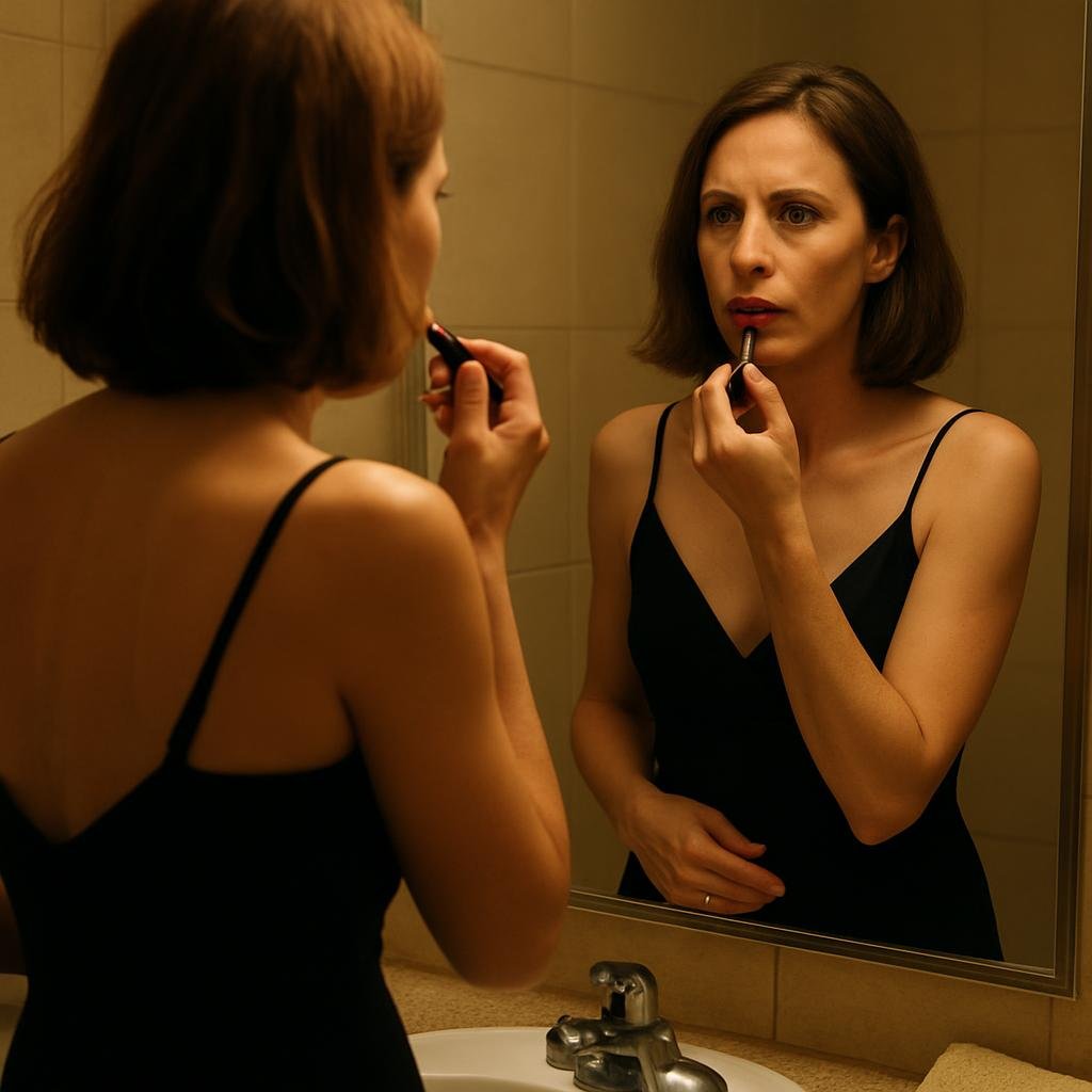 A woman changes clothes in a restroom mirror and puts on red lipstick.
