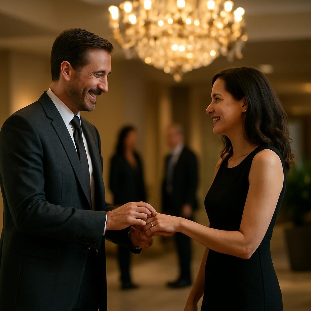 A woman meets her husband in a lobby while her family looks on from a distance.
