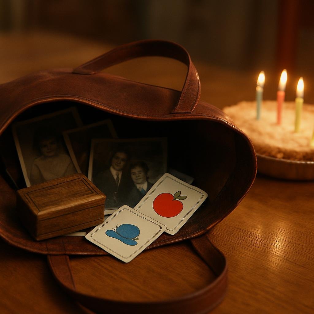 An open leather tote bag on a dining table with family photos, a music box, and picture cards inside.