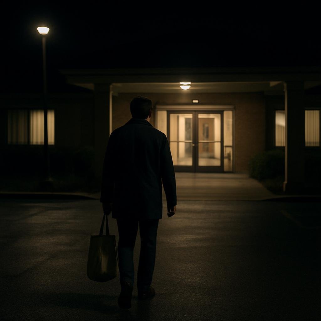 A man walking into a building at night with a tote bag in his hand.