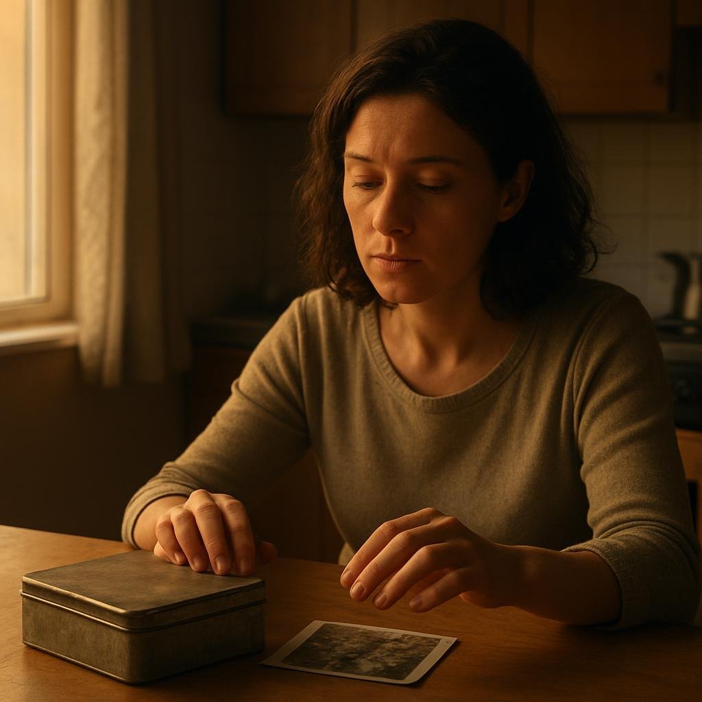 A woman sits at a kitchen table with an old photograph and a metal box.