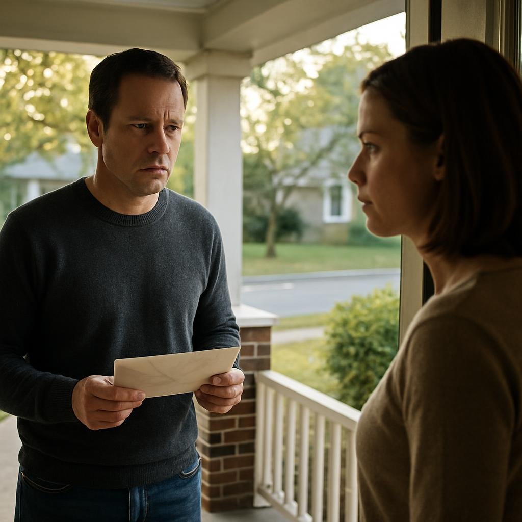 A man stands at a doorway holding a letter while speaking to a woman inside.