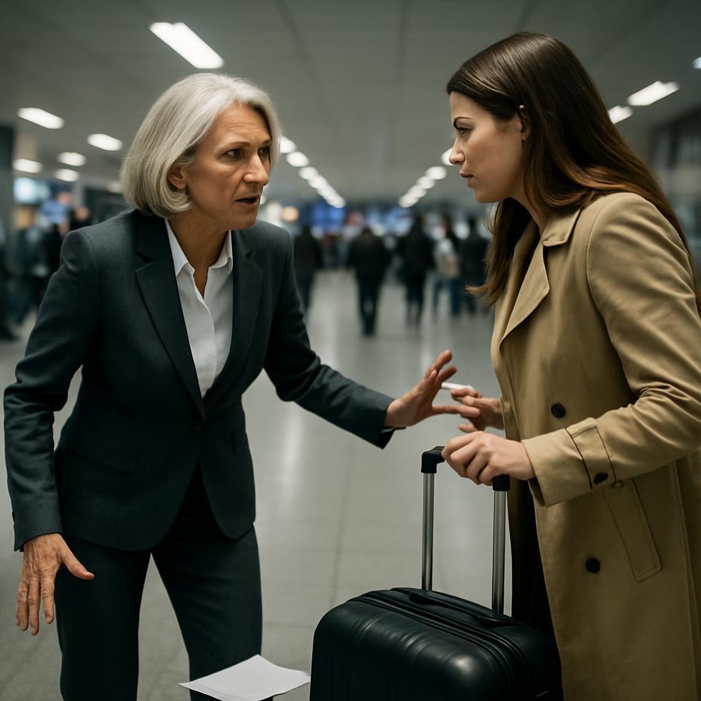 An older woman confronts a younger woman in an airport terminal.