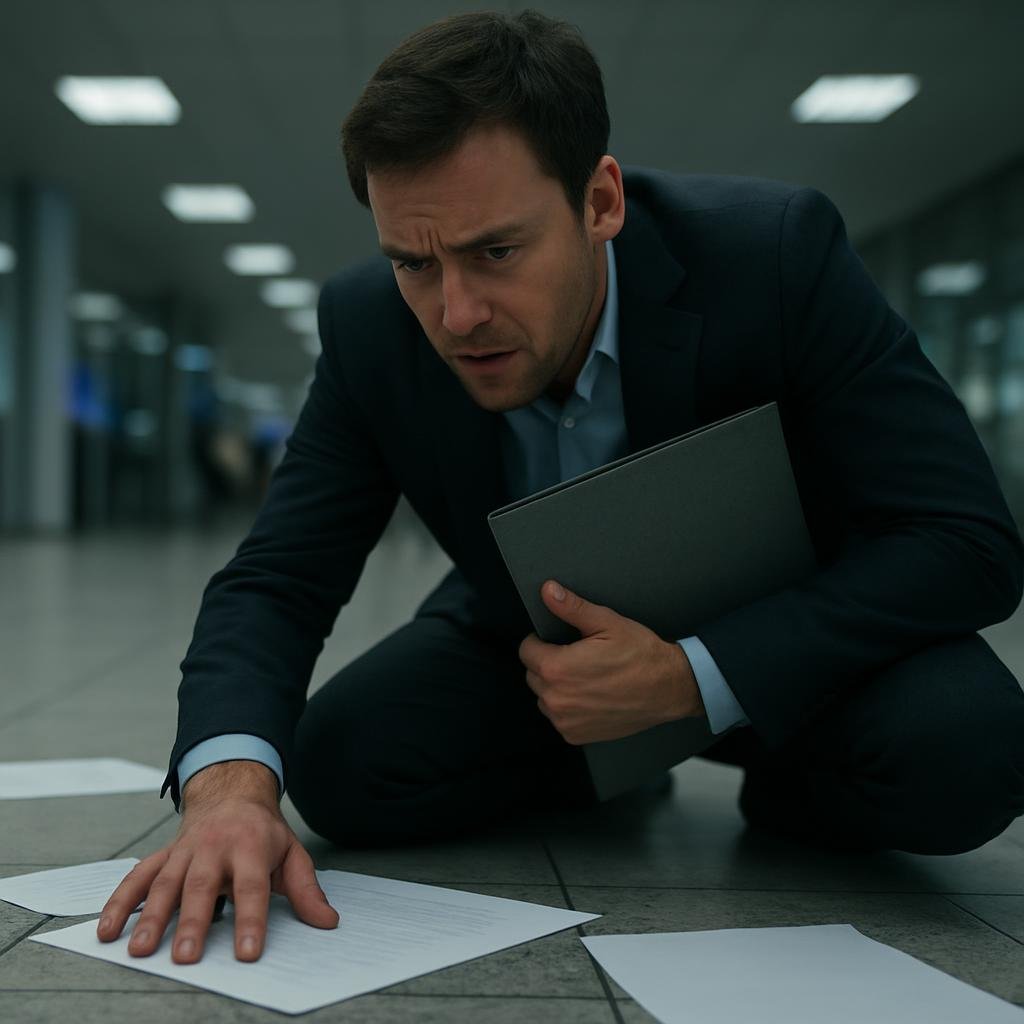 A man crouches on the airport floor with legal papers spread around him.